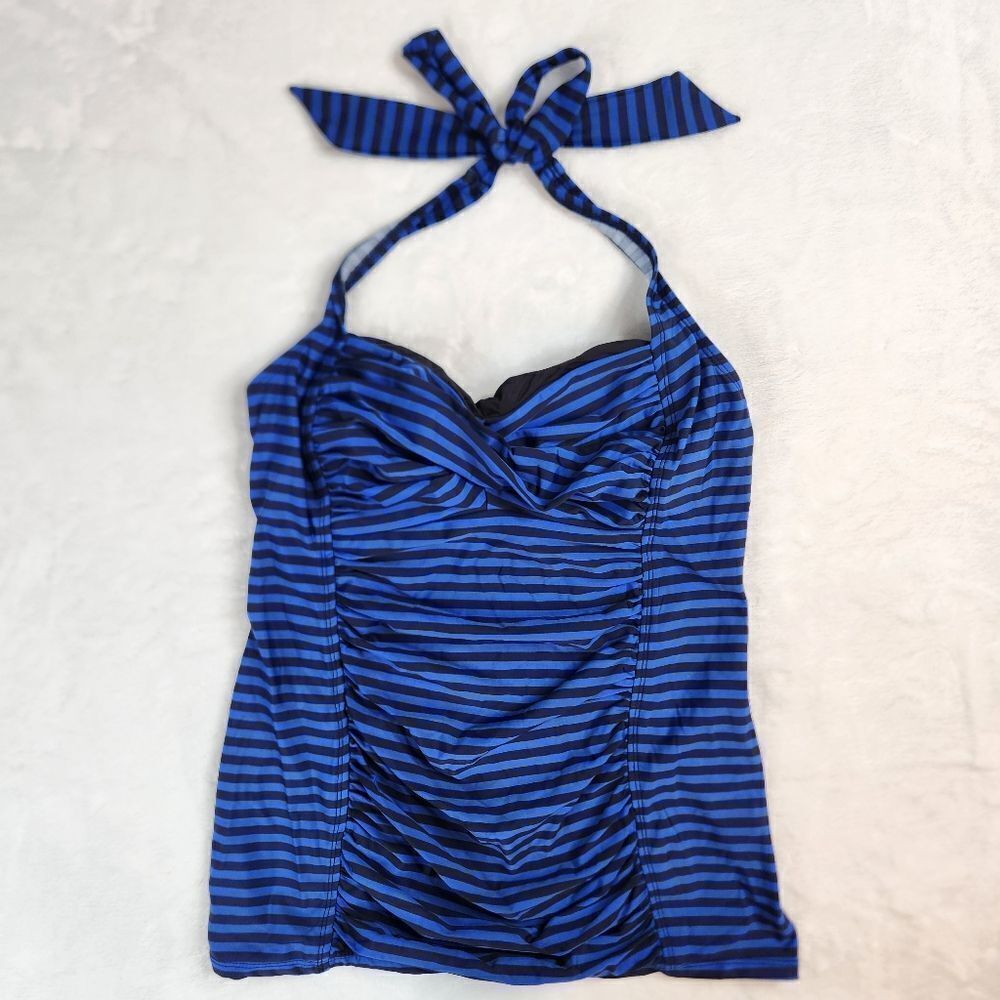 A Pea In The Pod Maternity Blue Black Ruched Halter Swimsuit Top Sz M